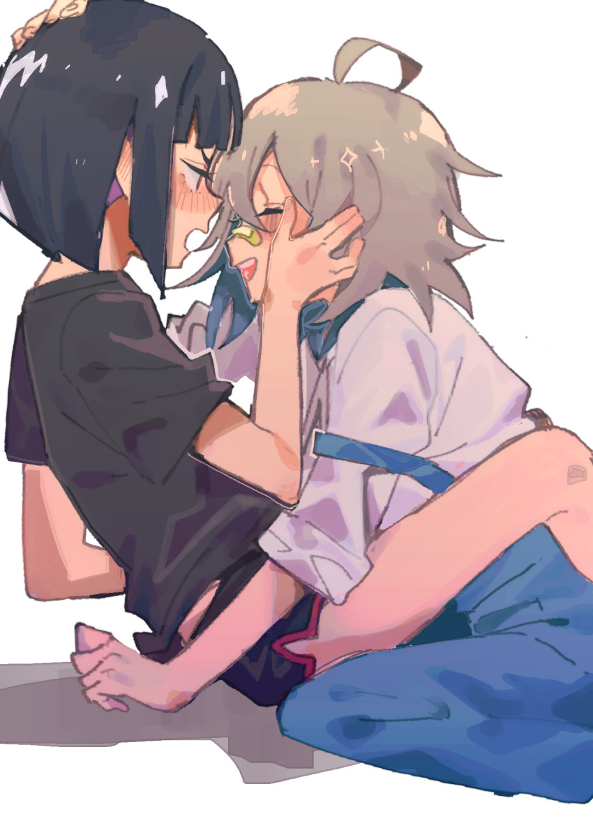 2girls, :o, ahoge, bandaid, bandaid_on_face, bandaid_on_nose, black_eyes, black_hair