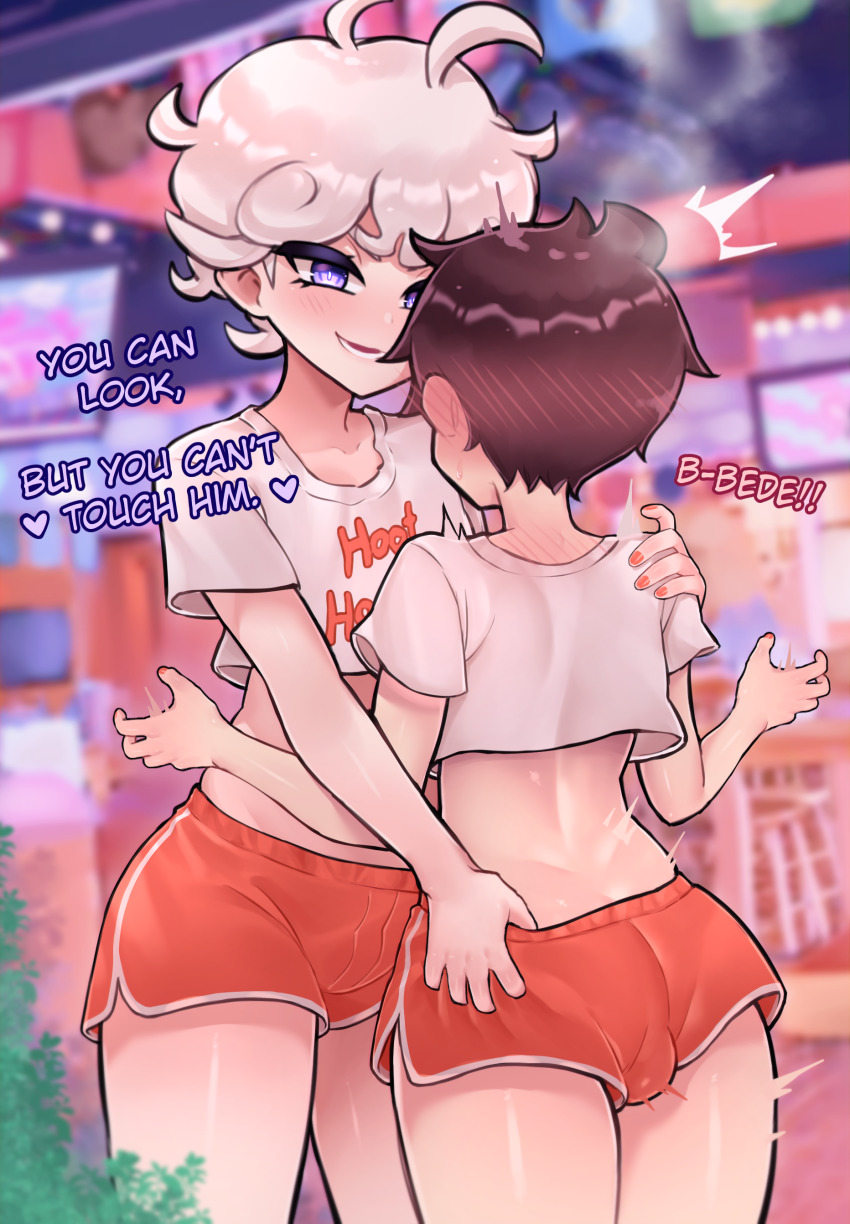 2boys, absurdres, ahoge, bede_(pokemon), blush, crop_top, curly_hair, employee_uniform, english_text, femboy_hooters_(meme), highres, hooters, male_focus, meme, midriff, moo_(moo_8986), multiple_boys, nintendo, orange_shorts, pokemon, pokemon_sword_and_shield, shirt, short_hair, shorts, shota, smile, trap, trap_on_trap, victor_(pokemon), yaoi