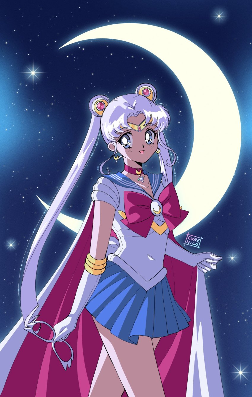1girl, artist_name, bishoujo_senshi_sailor_moon, blue_skirt, bow, cape, choker, cure_nico, earrings, glasses, gloves, highres, holding, holding_removed_eyewear, jewelry, magical_girl, moon, official_alternate_costume, open_mouth, red_bow, red_choker, retro_artstyle, sailor_moon, sailor_moon_(prototype), skirt, sky, star_(sky), starry_sky, tsukino_usagi, unworn_eyewear, white_cape, white_gloves