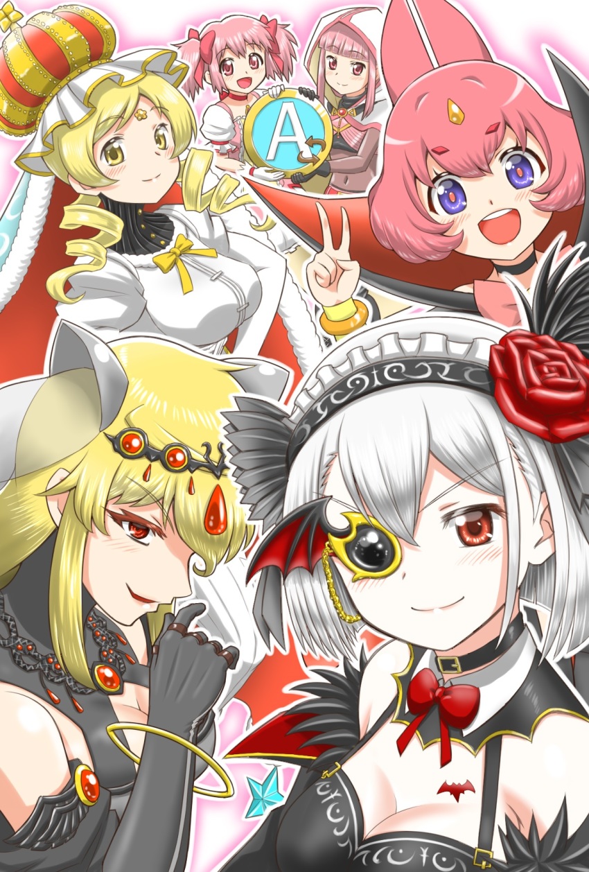 6+girls, ahoge, animal_ears, asymmetrical_bangs, bat_ears, belt, blonde_hair, blunt_bangs