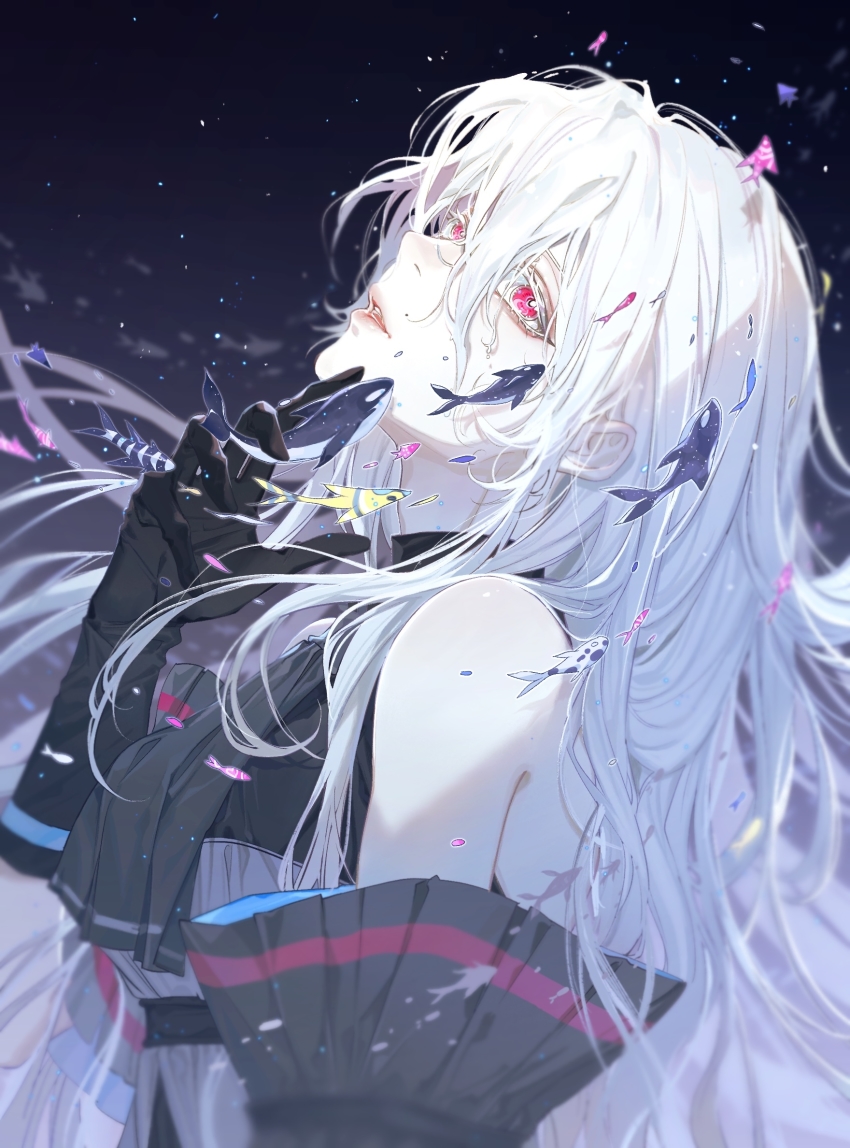 1girl, arknights, ascot, black_ascot, black_gloves, black_sleeves, chinese_commentary, chongyou_pomelo