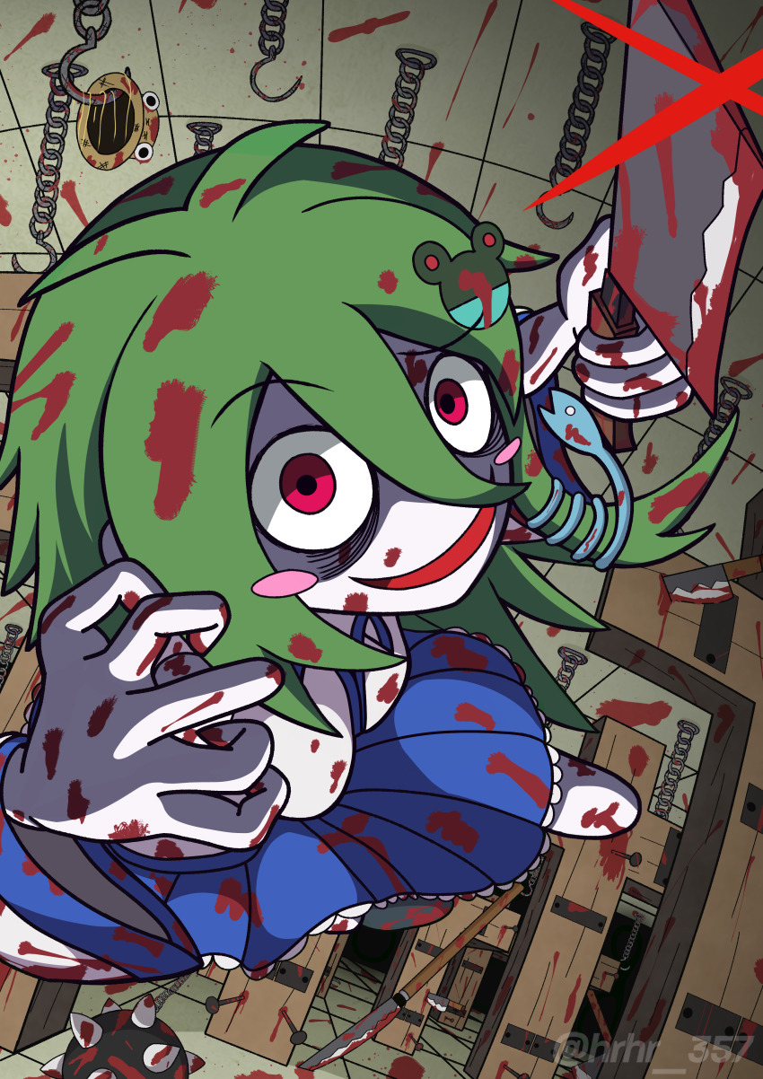 1girl, absurdres, bags_under_eyes, blood, blood_in_hair, blood_on_clothes, blood_on_face, bloody_knife, bloody_weapon, blue_skirt, cleaver, collared_shirt, commentary_request, crazy, crazy_smile, cross, detached_sleeves, frog_hair_ornament, green_hair, guro, hair_ornament, hair_tubes, hat, highres, holding, holding_weapon, hrhr_gin_357, japanese_clothes, knife, kochiya_sanae, koishi_komeiji's_heart-throbbing_adventure, long_hair, long_skirt, miko, nail_(hardware), pale_skin, red_eyes, shirt, single_sidelock, skirt, sleeveless, sleeveless_shirt, smile, snake_hair_ornament, spike_ball, touhou, weapon, white_shirt