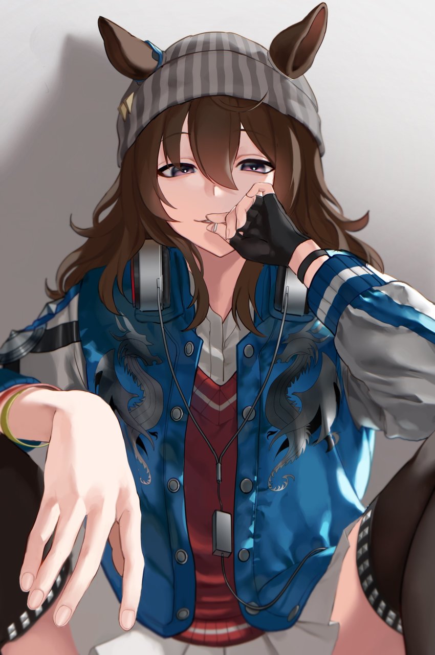 1girl, absurdres, beanie, black_gloves, black_thighhighs, brown_eyes, brown_hair, candy