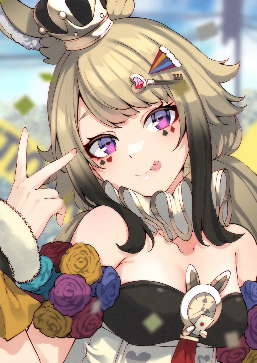 1girl, absurdres, analog_clock, anon_non, bare_shoulders, black_hair, blonde_hair, breasts