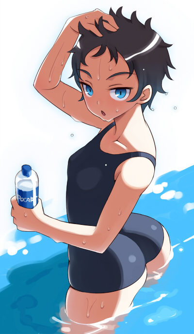 1girl, ass, bad_id, bad_pixiv_id, blue_eyes, bottle, brown_hair, domu