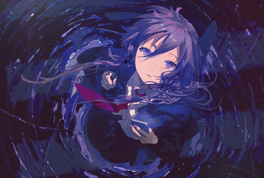 1girl, absurdres, cellphone, collared_shirt, colored_tongue, commentary, dress_shirt, floating_neckwear, foreshortening, from_above, genzaw, hair_between_eyes, highres, holding, holding_phone, kibou_no_tsuki_(vocaloid), looking_at_viewer, necktie, parted_lips, phone, purple_eyes, purple_hair, purple_theme, purple_tongue, red_necktie, ripples, shirt, smartphone, solo, vocaloid, white_shirt, yuzuki_yukari