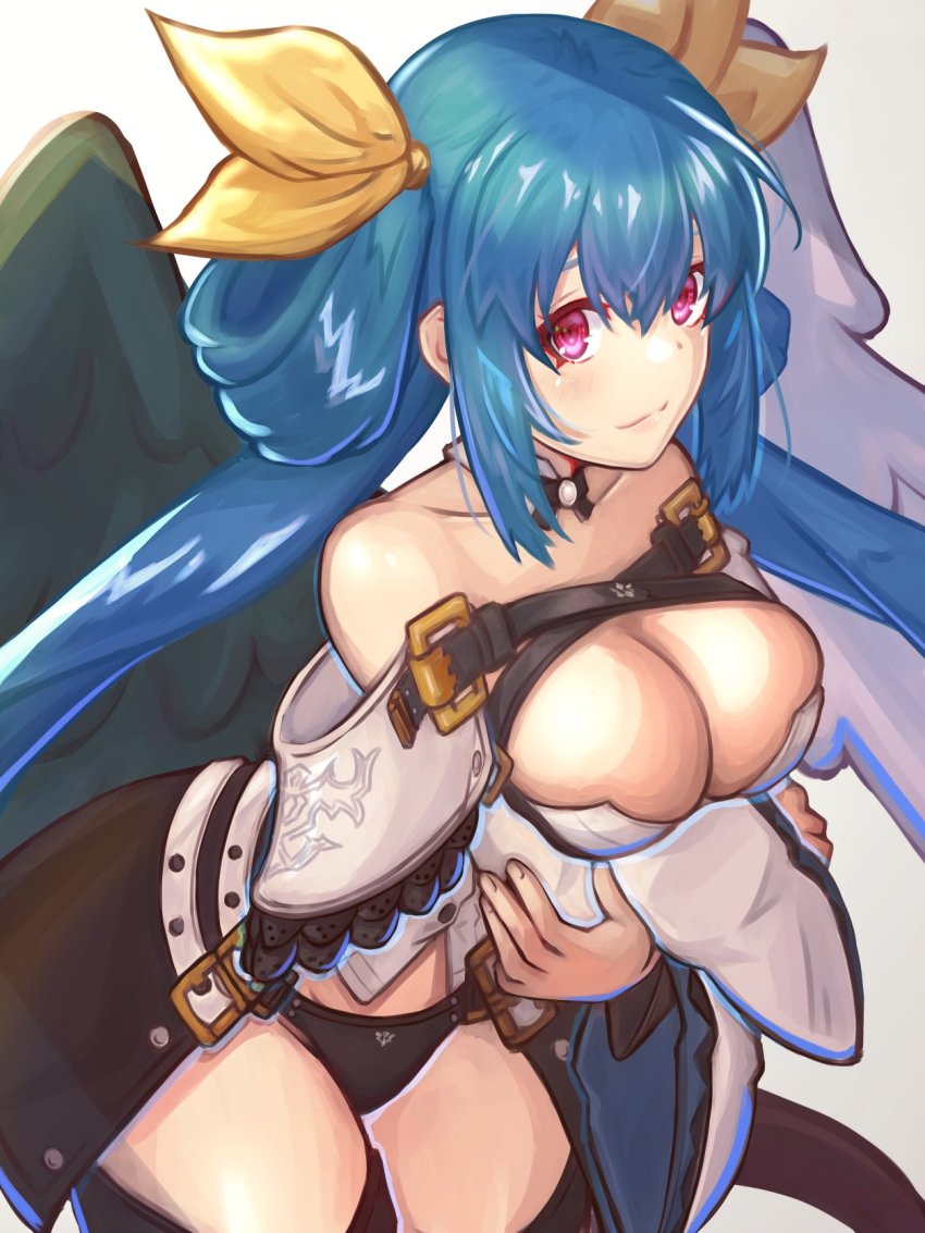 1girl, angel_wings, arms_under_breasts, asymmetrical_wings, bare_shoulders, belt, black_panties, blue_hair