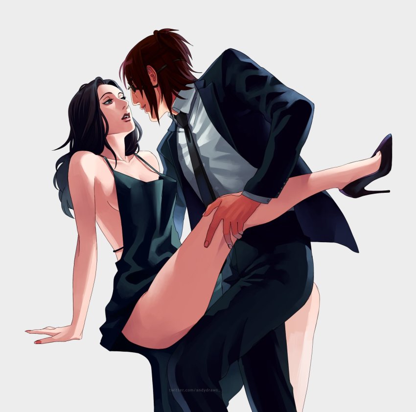 2girls, aquiline_nose, black_hair, black_necktie, brown_hair, eyepatch, glasses, grey_background, hange_zoe, happyds, high_heels, highres, leg_lift, medium_hair, multiple_girls, necktie, nose, parted_lips, pieck_finger, shingeki_no_kyojin, short_hair, simple_background, yuri
