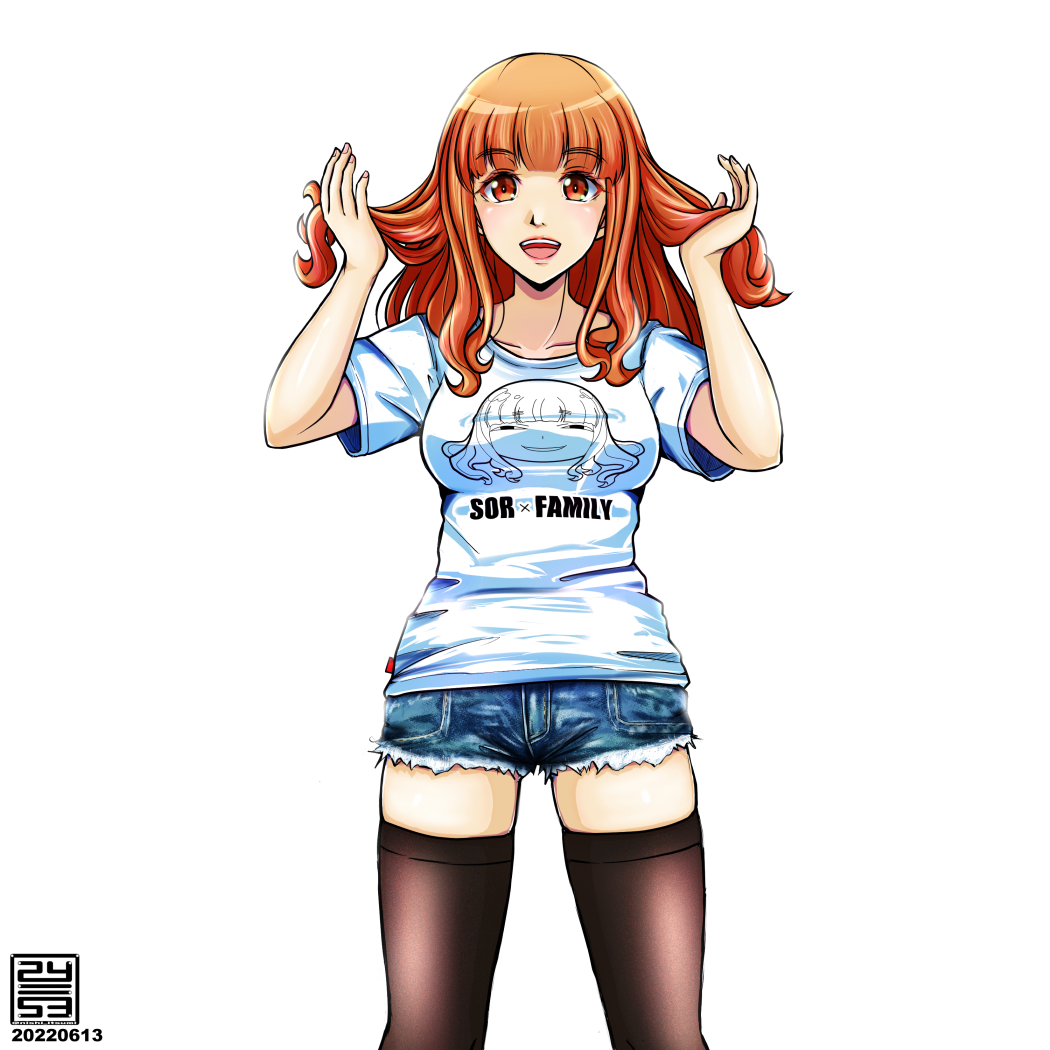 anya's_heh_face_(meme), artist_logo, black_thighhighs, blue_shorts, blunt_bangs, casual, commentary, cutoffs