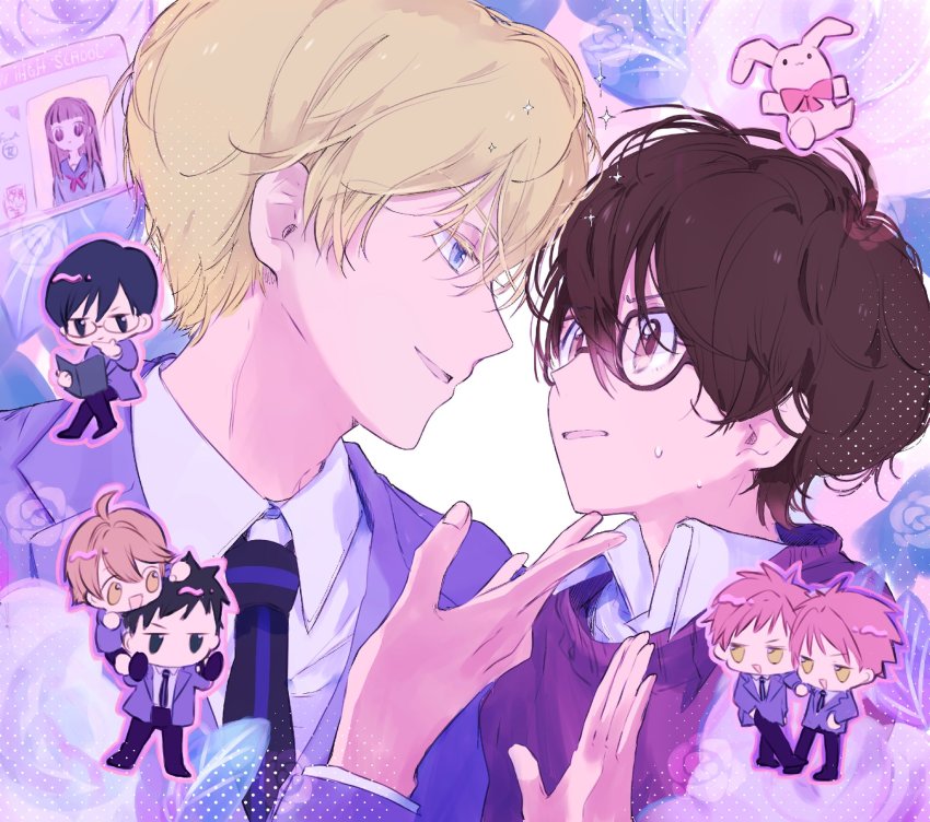 1girl, 6+boys, :d, ahoge, black_eyes, blazer, blonde_hair, blue_eyes