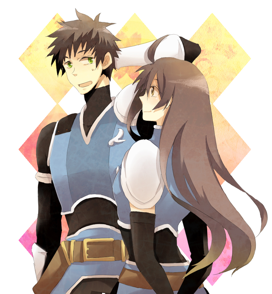 00s, 1boy, 1girl, ahoge, argyle_background, argyle_clothes, black_hair, casey_(tales)