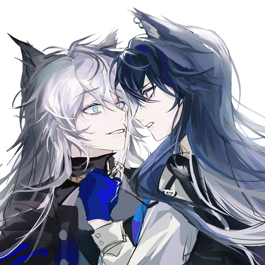 2girls, absurdres, animal_ear_fluff, animal_ears, arknights, black_hair, black_jacket, black_vest, blue_eyes, blue_gloves, brown_eyes, chains39550, commentary_request, eye_contact, gloves, grey_hair, hair_between_eyes, highres, jacket, lappland_(arknights), long_hair, looking_at_another, multiple_girls, open_clothes, open_jacket, parted_lips, profile, shirt, simple_background, smile, texas_(arknights), upper_body, vest, white_background, white_shirt