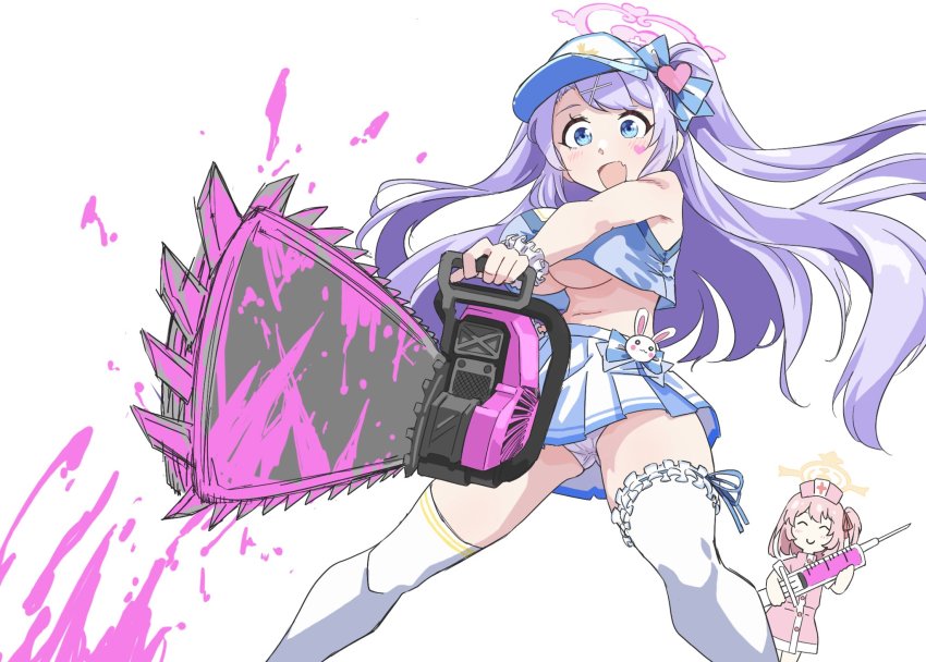 2girls, blue_archive, blue_eyes, blush, breasts, chainsaw, cheerleader, chibi