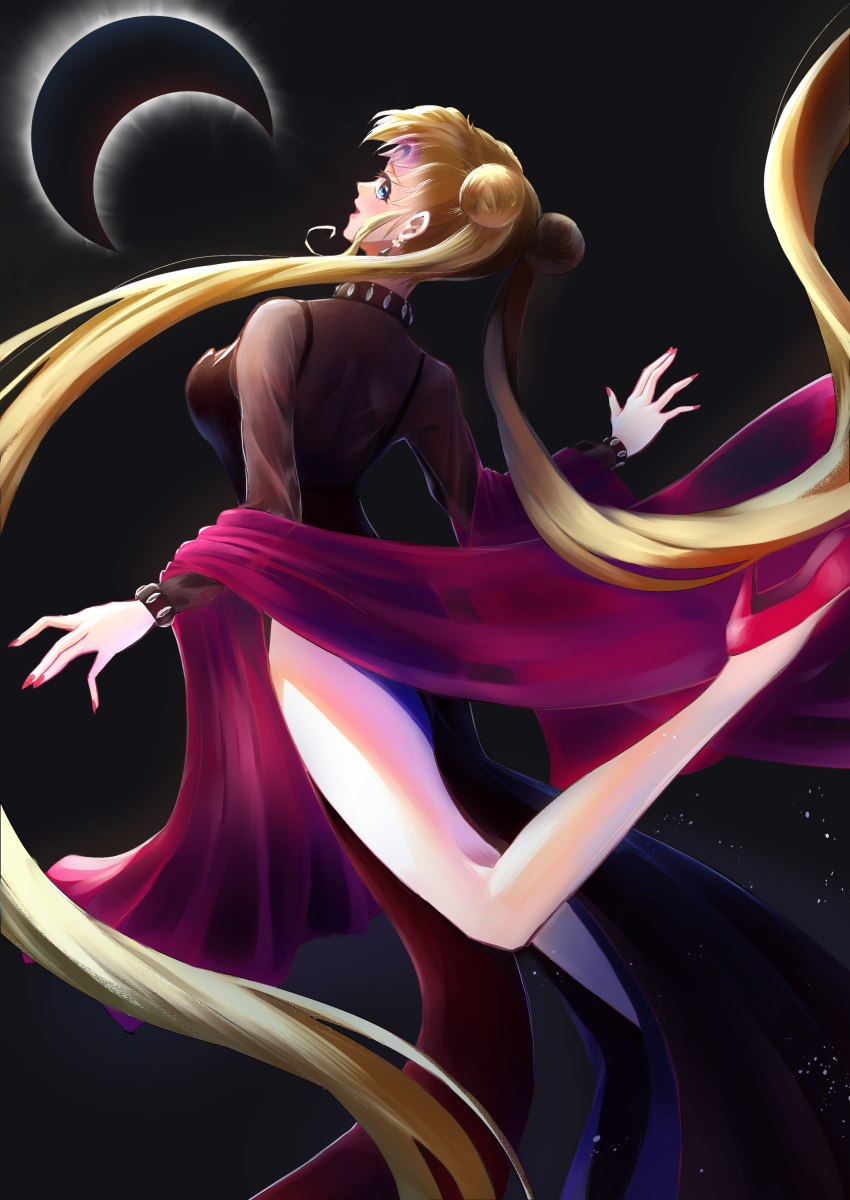 1girl, absurdres, bishoujo_senshi_sailor_moon, black_lady_(sailor_moon), black_lady_(sailor_moon)_(cosplay), blonde_hair, blue_eyes, breasts, corruption, cosplay, crescent, crescent_facial_mark, crystal_earrings, dark_persona, double_bun, dress, earrings, facial_mark, forehead_mark, from_behind, hair_bun, highres, jewelry, large_breasts, long_hair, looking_at_viewer, looking_back, medium_breasts, mismick, see-through_clothes, solo, tsukino_usagi, twintails, very_long_hair