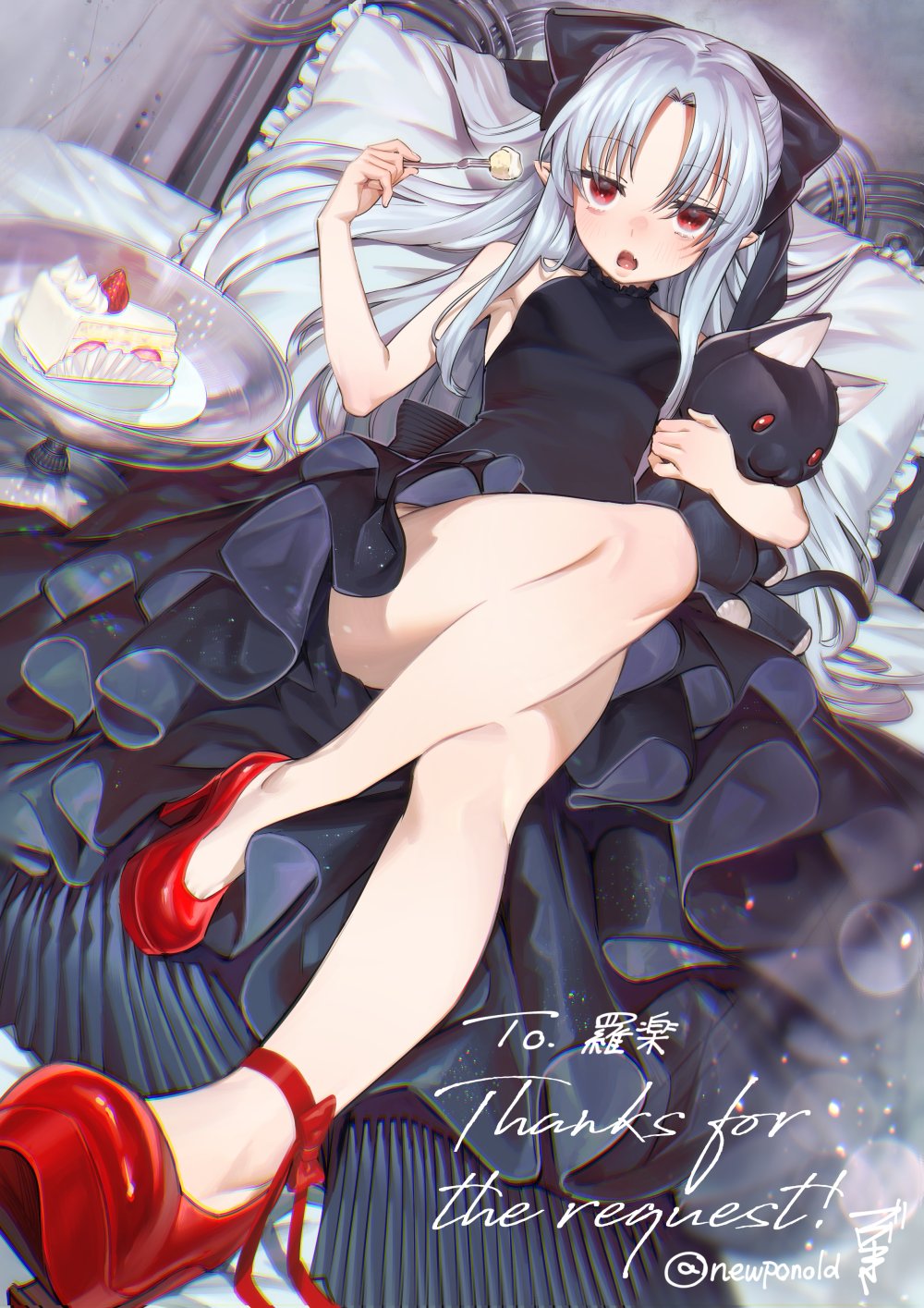 1girl, black_bow, black_dress, bow, cake, cake_slice, commission, dress, food, frilled_dress, frills, full_body, grey_hair, hair_bow, high_heels, highres, holding, holding_spoon, len_(tsukihime), long_hair, looking_at_viewer, lying, newponold, on_back, on_bed, open_mouth, parted_bangs, pillow, pointy_ears, red_eyes, red_footwear, skeb_commission, sleeveless, sleeveless_dress, solo, spoon, stuffed_animal, stuffed_cat, stuffed_toy, tsukihime