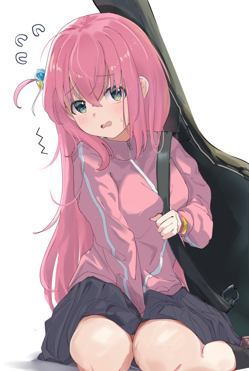 1girl, absurdres, black_skirt, blue_eyes, blush, bocchi_the_rock!, brown_shoes, commentary, cube_hair_ornament, feet_out_of_frame, flying_sweatdrops, gotoh_hitori, guitar_case, hair_ornament, highres, instrument_case, jacket, kneehighs, loafers, long_hair, ooho0216, open_mouth, pink_hair, pink_jacket, pleated_skirt, shoes, simple_background, sitting, skirt, socks, solo, sweatdrop, track_jacket, wavy_mouth, white_background, yokozuwari