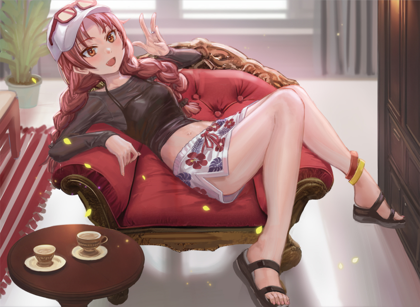 1girl, alternate_costume, alternate_hairstyle, anklet, baseball_cap, black_shirt, blush, braid