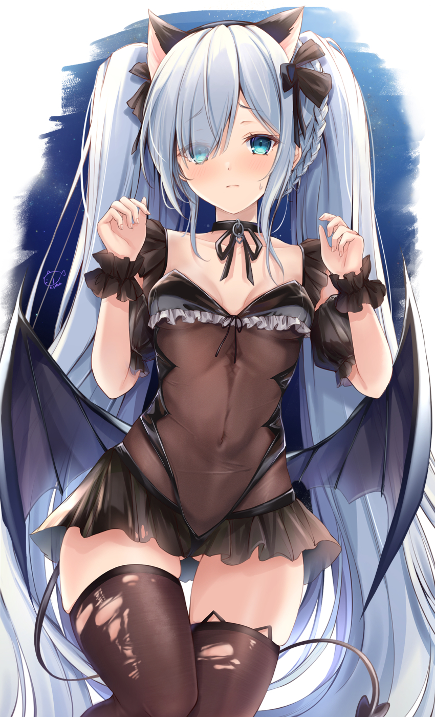 1girl, absurdres, animal_ear_fluff, animal_ear_legwear, animal_ears, arm_garter, azur_lane, bare_shoulders, belt_collar, black_choker, black_dress, black_ribbon, black_scrunchie, black_tail, black_thighhighs, blue_background, blue_eyes, braid, breasts, cat_ears, choker, collar, commentary_request, covered_navel, demon_tail, demon_wings, dress, eyes_visible_through_hair, fake_animal_ears, frilled_dress, frilled_garter, frills, frown, gluteal_fold, hair_over_one_eye, hair_ribbon, halloween_costume, hands_up, highres, janus_(azur_lane), janus_(fright-night_scaredy-cat)_(azur_lane), kiri_celea, long_hair, looking_at_viewer, official_alternate_costume, raised_eyebrows, ribbon, scrunchie, see-through_clothes, sidelocks, small_breasts, solo, sweatdrop, tail, thighhighs, thighs, torn_clothes, torn_thighhighs, twintails, two-tone_background, very_long_hair, white_background, white_hair, wings, wrist_scrunchie, zettai_ryouiki
