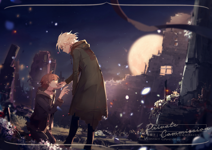 2boys, ahoge, black_jacket, black_pants, blurry, blurry_background, brown_footwear, brown_hair, brown_jacket, commission, danganronpa:_trigger_happy_havoc, danganronpa_(series), danganronpa_2:_goodbye_despair, flower, from_side, glowing, hand_on_another's_chin, hood, hood_down, jacket, kneeling, komaeda_nagito, long_sleeves, looking_down, male_focus, mo_mo_zi, moon, multiple_boys, naegi_makoto, open_clothes, open_jacket, pants, petals, ruins, shoes, standing
