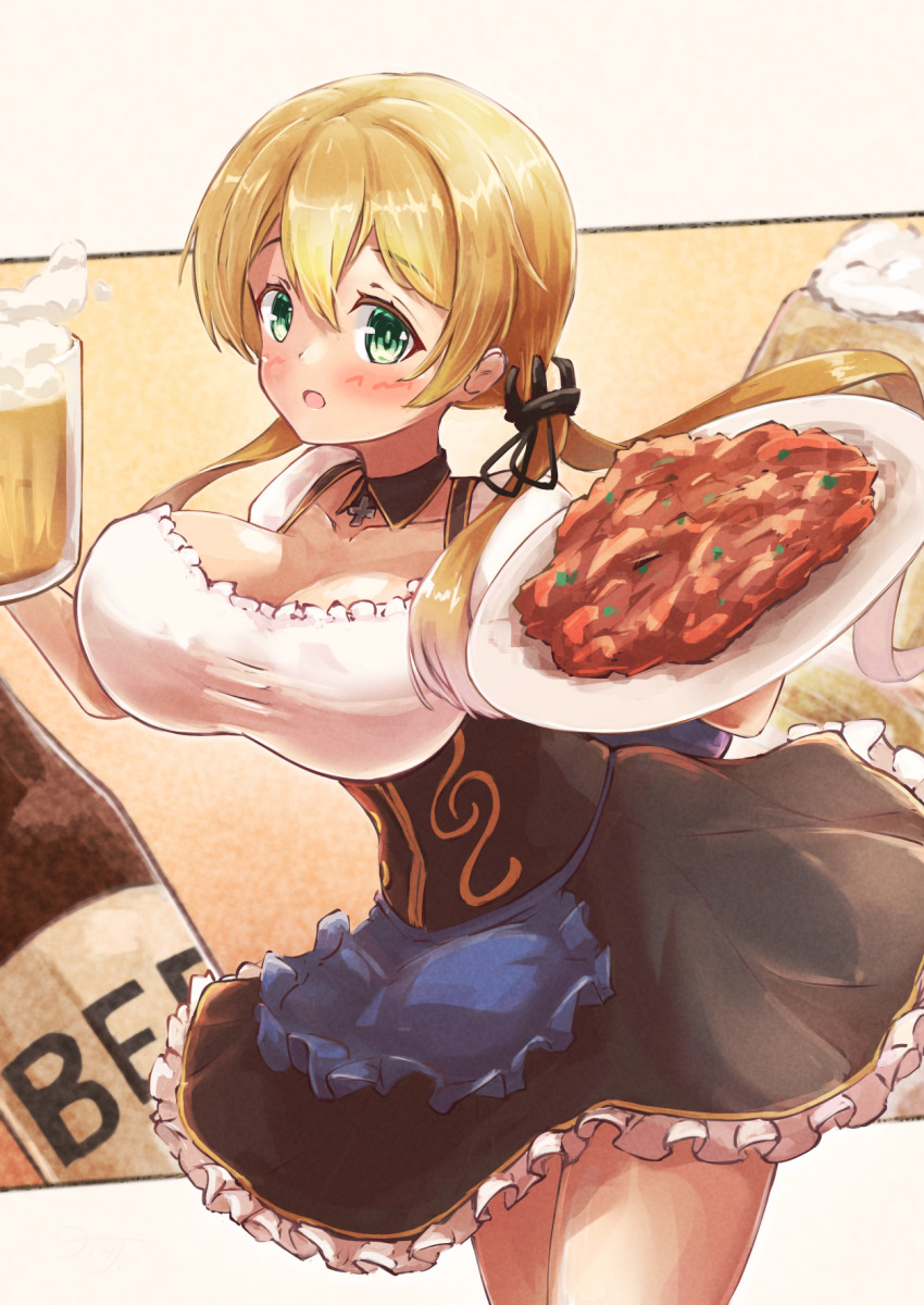 1girl, alcohol, alternate_costume, anchor_hair_ornament, beer, beer_mug, black_skirt, blonde_hair
