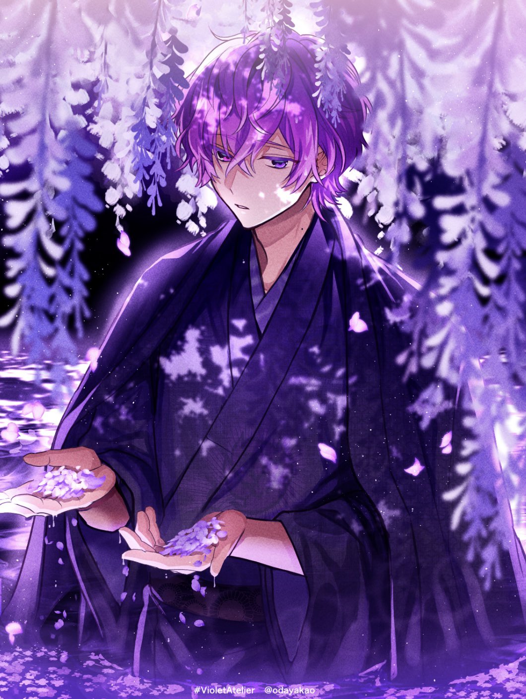 1boy, black_cape, cape, dappled_sunlight, falling_petals, flower, hair_between_eyes, highres