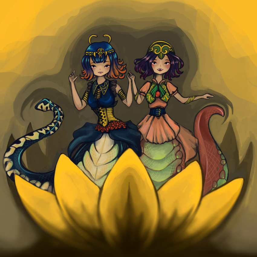 2girls, fangs, flower, highres, lamia, looking_at_viewer, monster_girl, multiple_girls