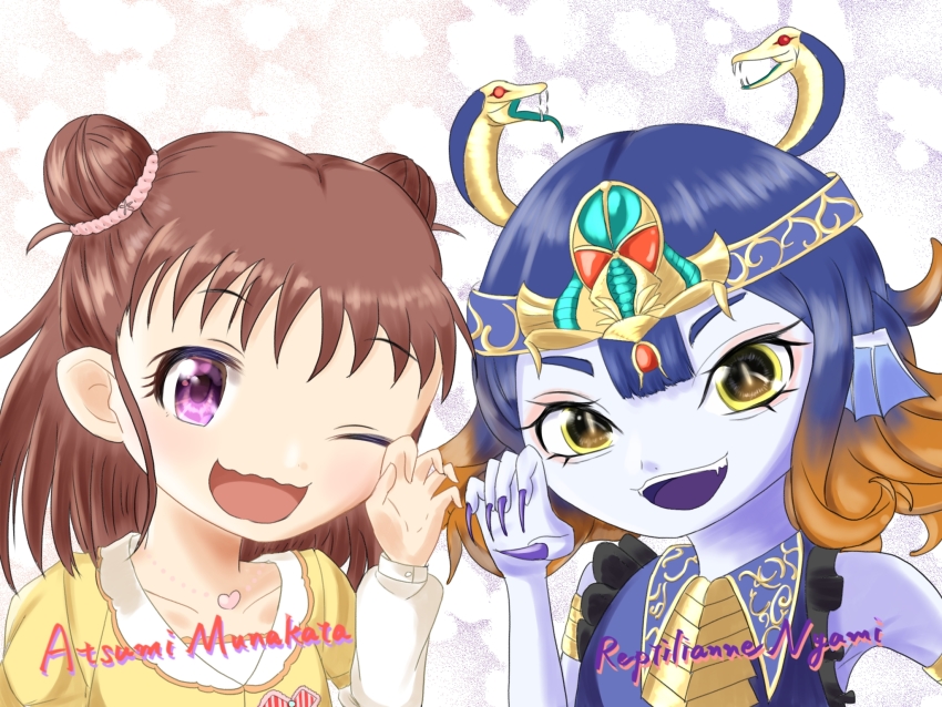 2girls, fangs, highres, lamia, monster_girl, multiple_girls, reptilianne_nyami, short_hair