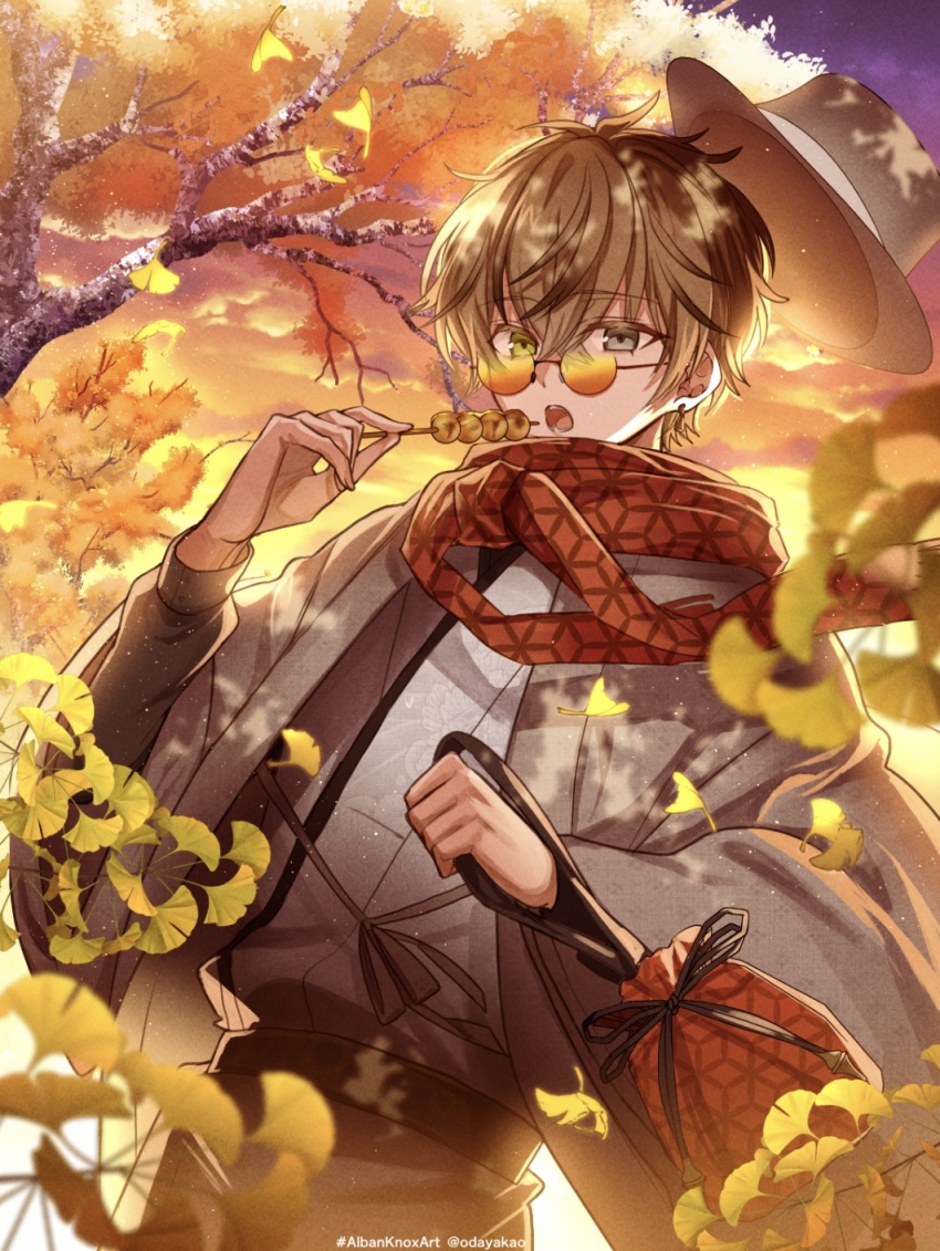 1boy, alban_knox, asa_no_ha_(pattern), autumn, autumn_leaves, bag, black_shirt, blurry