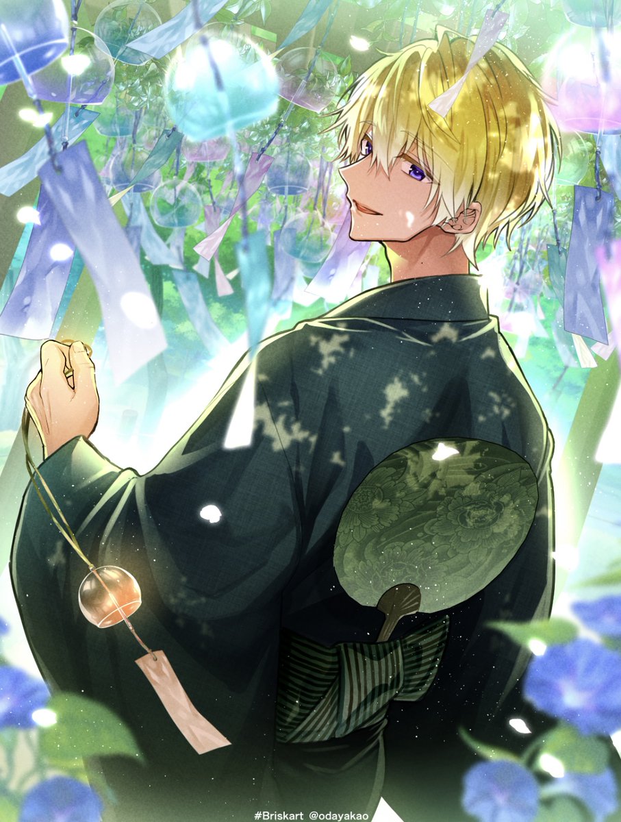 1boy, :d, black_kimono, blonde_hair, blue_flower, dappled_sunlight, flower, from_behind