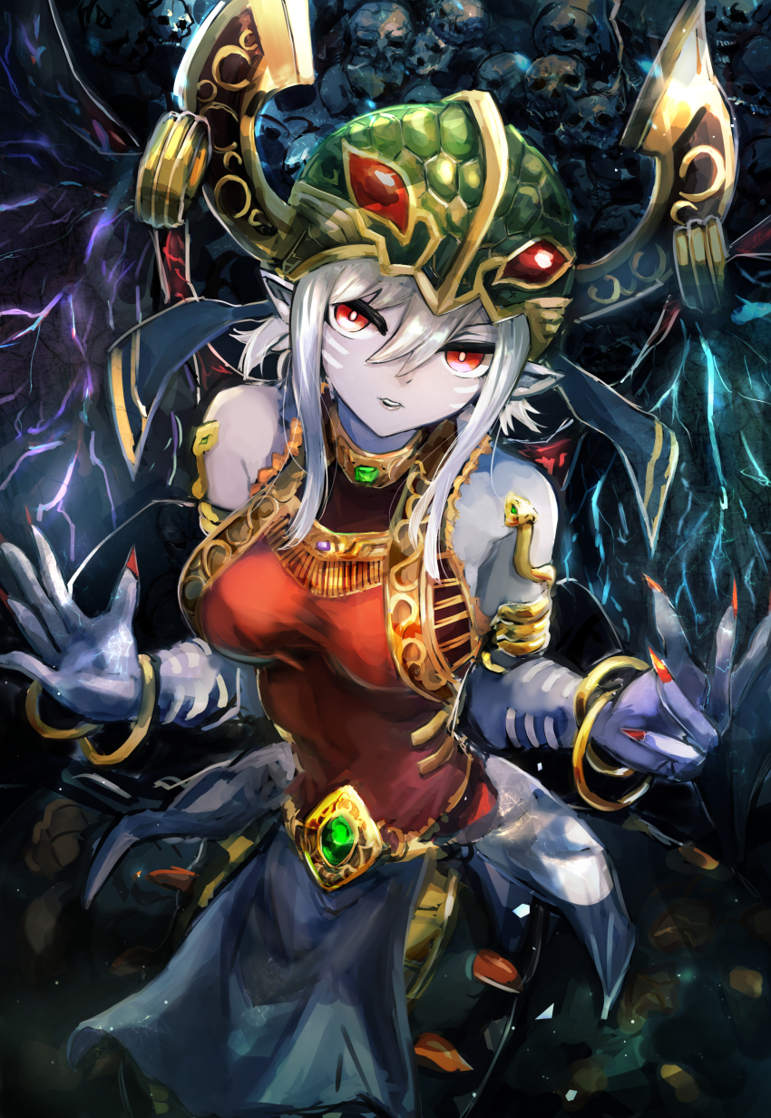 1girl, absurdres, armlet, bare_shoulders, bracelet, breasts, colored_skin, duel_monster