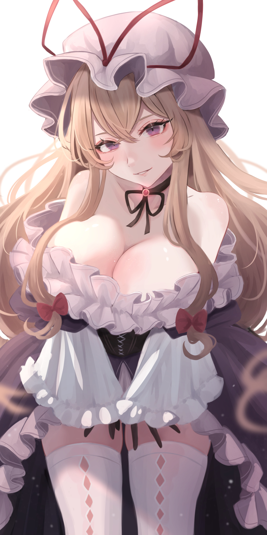 1girl, absurdres, bare_shoulders, black_collar, black_gloves, blonde_hair, blush, breasts