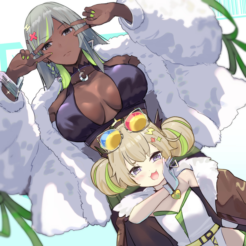 2girls, :3, alternate_costume, belt, black_dress, blonde_hair, bracelet, breasts