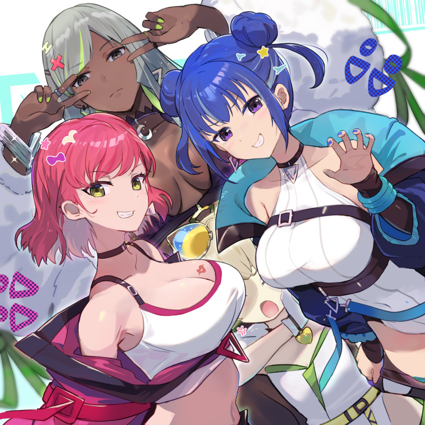 4girls, anger_vein, bare_shoulders, black_choker, black_dress, black_sleeves, blonde_hair, blue_coat