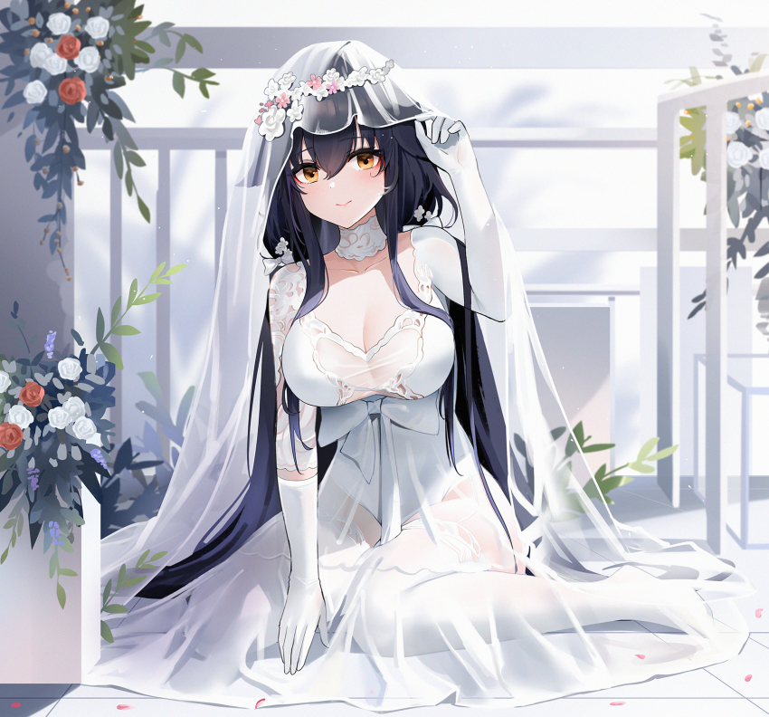 1girl, azuma_(azur_lane), azuma_(lily-white_longing)_(azur_lane), azur_lane, black_hair, breasts, bridal_veil, brown_eyes