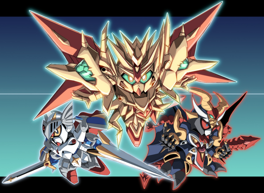 chibi, dual_wielding, gundam, highres, holding, horns, kloah, knight_gundam, lance, mecha, no_humans, non-humanoid_robot, polearm, robot, satan_gundam, sd_gundam, sd_gundam_gaiden, sketch, superior_dragon, sword, weapon