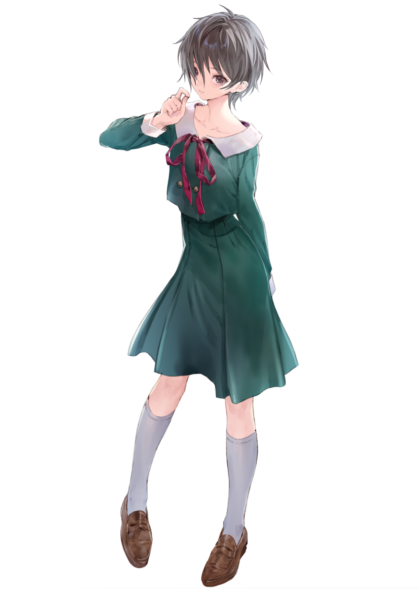 1girl, absurdres, blue_reflection_(series), blue_reflection_sun, blue_reflection_tie, brown_footwear, collarbone, green_hair