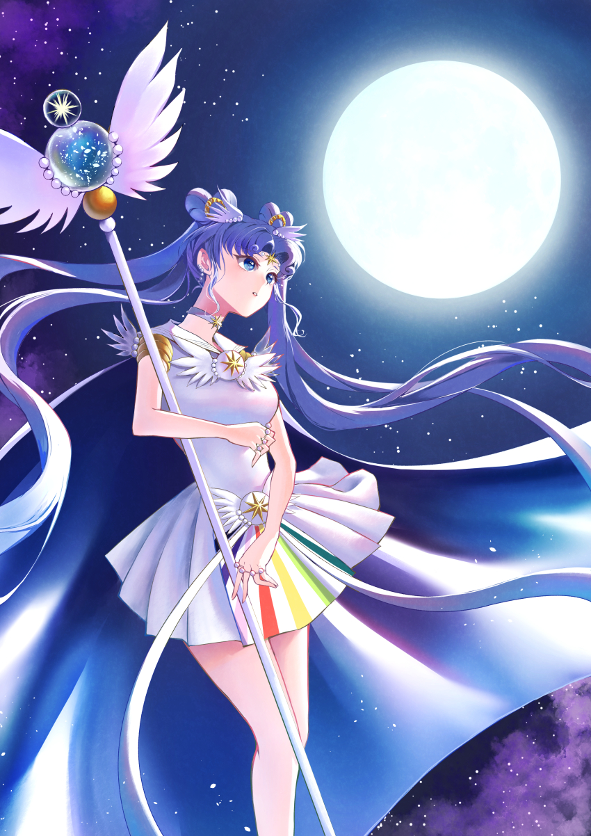 1girl, absurdres, bishoujo_senshi_sailor_moon, brooch, choker, double_bun, eternal_tiare, facial_mark, forehead_mark, full_moon, hair_bun, heart_hair_bun, highres, jewelry, long_hair, mismick, moon, rainbow_order, sailor_collar, sailor_cosmos, sailor_senshi_uniform, solo, staff, star_(symbol), star_facial_mark, triple_horizontal_stripe, tsukino_usagi, twintails, waist_brooch, white_choker, white_sailor_collar, wing_brooch, winged_wand