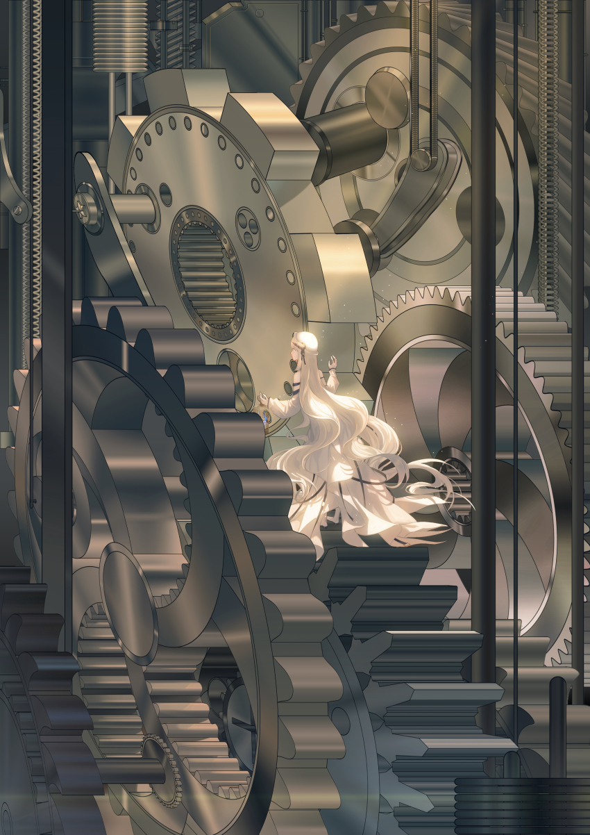 1girl, absurdres, arknights, birdcage, black_ribbon, black_sandals, blonde_hair, blue_eyes