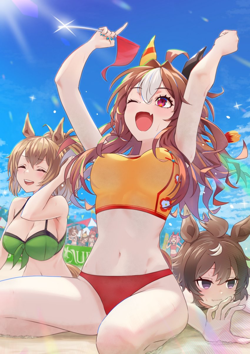6+girls, absurdres, ahoge, animal_ears, arms_up, bikini, breasts, brown_hair