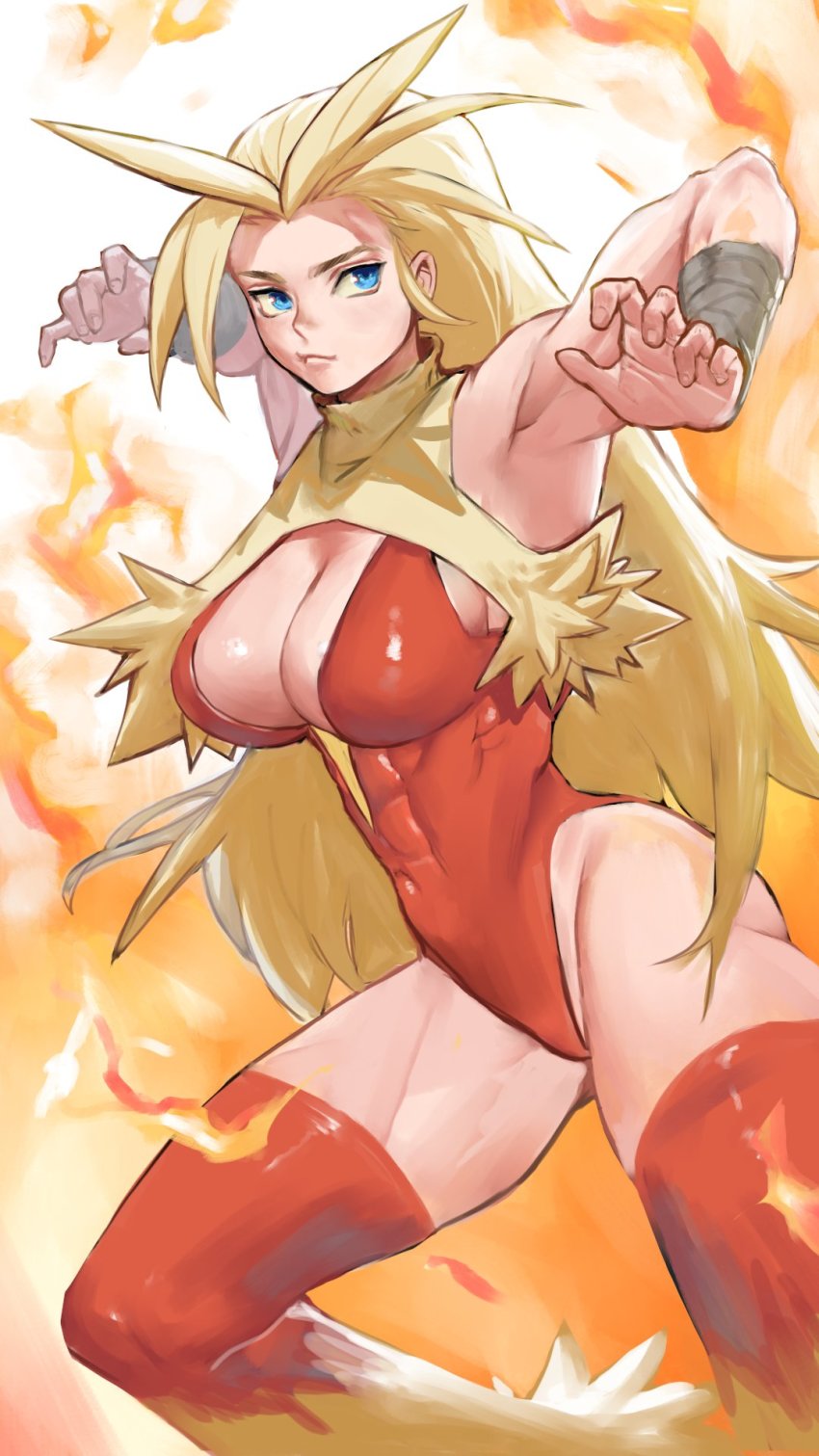 1girl, abs, annie_lyce, arm_wrap, arms_up, blaziken, blaziken_(cosplay), blonde_hair, blue_eyes, breasts, cleavage, cosplay, covered_navel, fire, gen_3_pokemon, highleg, highleg_leotard, highres, humanization, large_breasts, legs_apart, leotard, long_hair, looking_at_viewer, muscular, muscular_female, nintendo, orange_background, pokemon, solo, thighhighs, wide_hips
