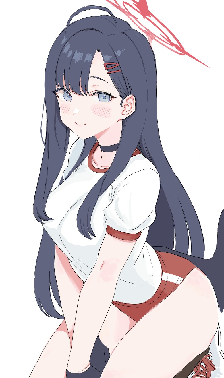 1girl, ahoge, black_gloves, black_hair, blue_archive, blue_eyes, blush, breasts