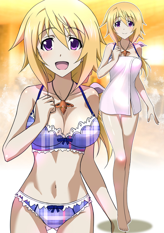 1girl, barefoot, bikini, blonde_hair, breasts, charlotte_dunois, cleavage, commentary_request, cowboy_shot, frilled_bikini, frills, full_body, gluteal_fold, infinite_stratos, jewelry, kuroda_ariake, large_breasts, legs, long_hair, looking_at_viewer, low_ponytail, multiple_views, naked_towel, necklace, open_mouth, pendant, plaid_bikini, plaid_clothes, ponytail, purple_bikini, purple_eyes, smile, standing, swimsuit, thigh_gap, thighs, tongue, towel, zoom_layer