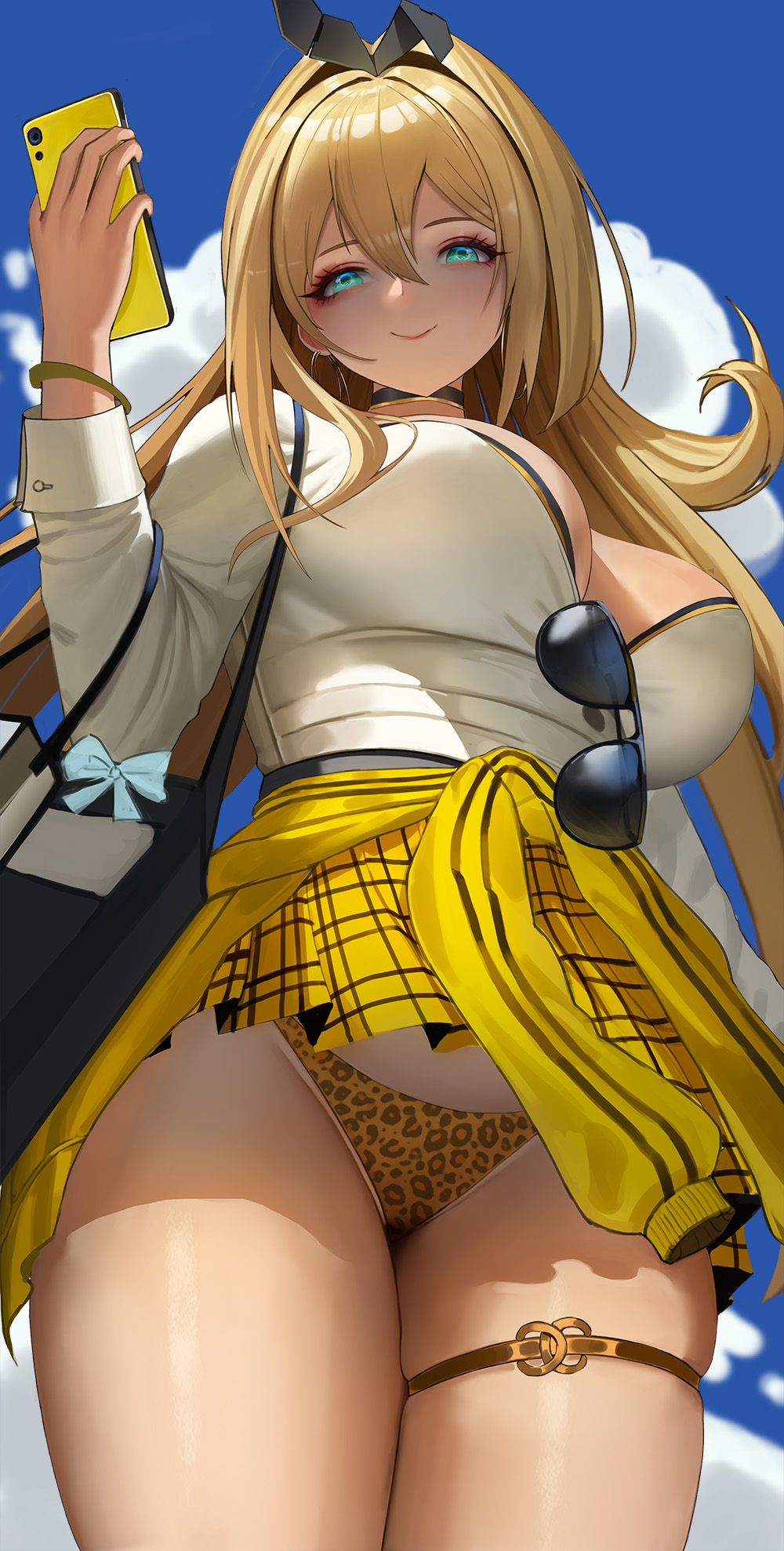 1girl, animal_print, aqua_eyes, bag, bangle, black_c_(net_dust), blonde_hair, bra