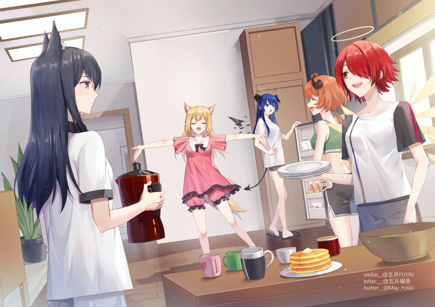 5girls, :d, animal_ears, arknights, black_hair, blonde_hair, bloomers, blue_eyes, blue_hair, blue_tongue, bowl, brown_eyes, casual, ceiling_light, chinese_commentary, closed_eyes, closed_mouth, coffee_pot, colored_tongue, commentary, cow_horns, croissant_(arknights), croissant_(food_fantasy), crop_top, cup, cupboard, demon_horns, demon_tail, detached_wings, dress, exusiai_(arknights), frilled_dress, frills, gogatsu_fukuin, green_shirt, grey_shorts, halo, holding, holding_plate, horns, indoors, lofter_username, looking_at_another, mostima_(arknights), mug, multiple_girls, open_mouth, orange_hair, outstretched_arms, penguin_logistics_(arknights), pink_bloomers, pink_dress, plant, plate, plate_stack, ponytail, potted_plant, red_hair, refrigerator, shirt, short_hair, short_sleeves, shorts, smile, sora_(arknights), table, tail, teeth, texas_(arknights), twitter_username, underwear, upper_teeth_only, watermark, weibo_watermark, white_shirt, window, wings, wolf_ears, wolf_tail