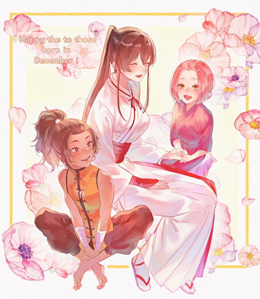 3girls, absurdres, bandaged_arm, bandages, blush, braid, braided_hair_rings, breasts, brown_hair, chinese_clothes, dark-skinned_female, dark_skin, floral_background, hair_rings, happy, high_ponytail, highres, himari_(_h_i8), indian_style, jewelry, jigokuraku, long_hair, looking_at_another, medium_breasts, mei_(jigokuraku), multiple_girls, necklace, nurugai, pink_hair, pink_robe, ponytail, robe, short_hair, sidelocks, simple_background, sitting, smile, tooth_necklace, white_background, white_robe, wristband, yamada_asaemon_sagiri