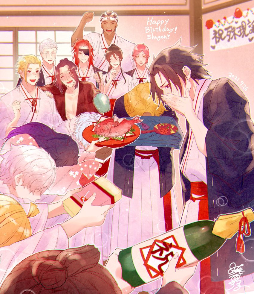 3girls, 6+boys, ahoge, arm_up, black_hair, blonde_hair, blush, bottle