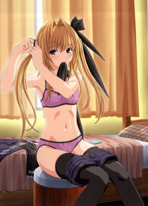 1girl, bed, bed_sheet, biting, black_thighhighs, blonde_hair, bra, female_focus