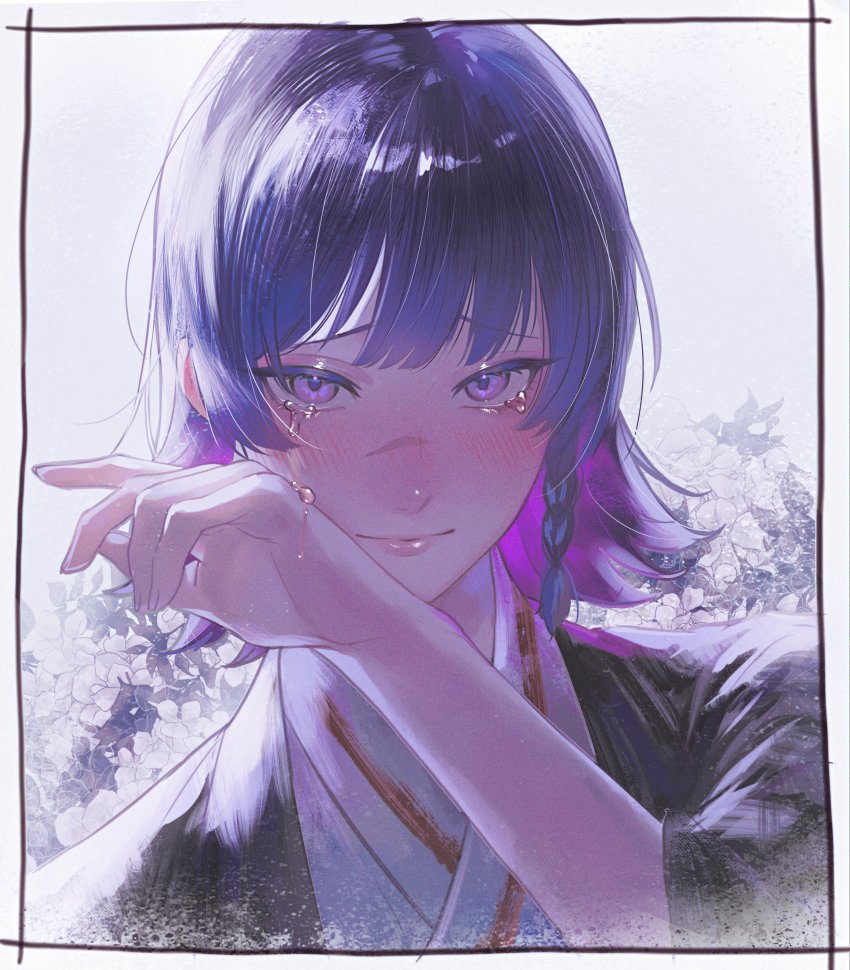 1boy, absurdres, aza_touma, black_hair, border, braid, crying, floral_background