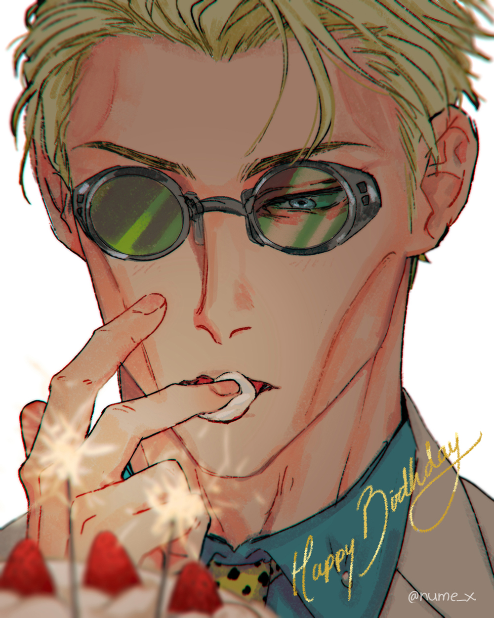 1boy, blonde_hair, blue_eyes, blue_shirt, collared_shirt, cream, eating, fireworks