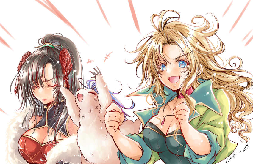 2girls, breasts, cleavage, cotton_(saga_frontier), emilia_(saga_frontier), highres, kyabia, large_breasts